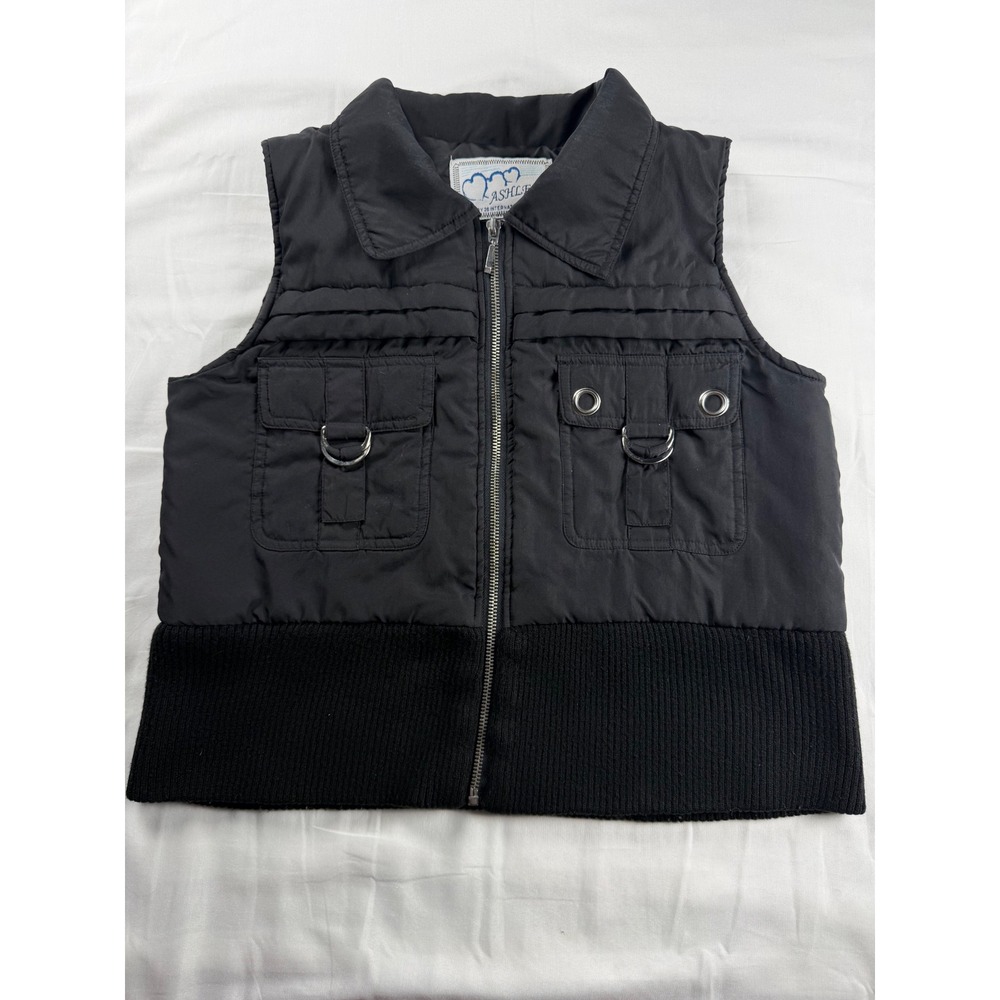 Ashley by 26 International Black Puffer Vest XL Utility Biker Zip Up Ribbed Hem